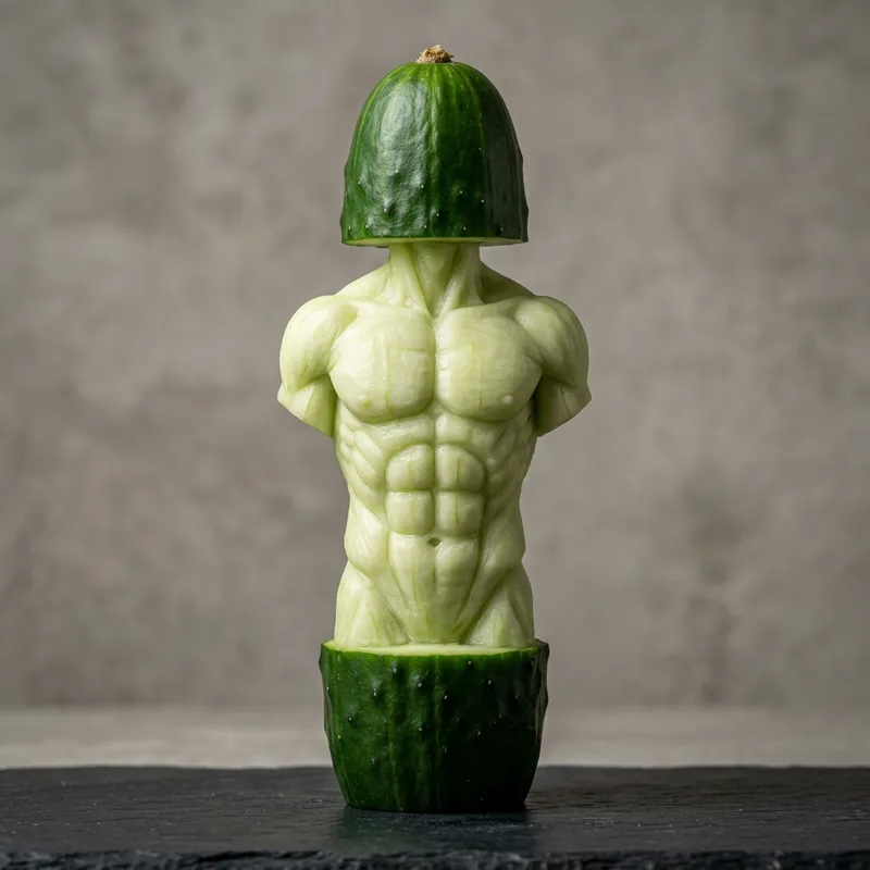 Intricate Cucumber Carving of an Athletic Torso