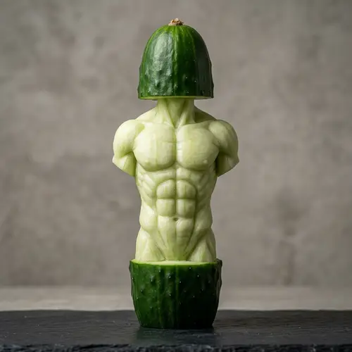 Intricate Cucumber Carving of an Athletic Torso