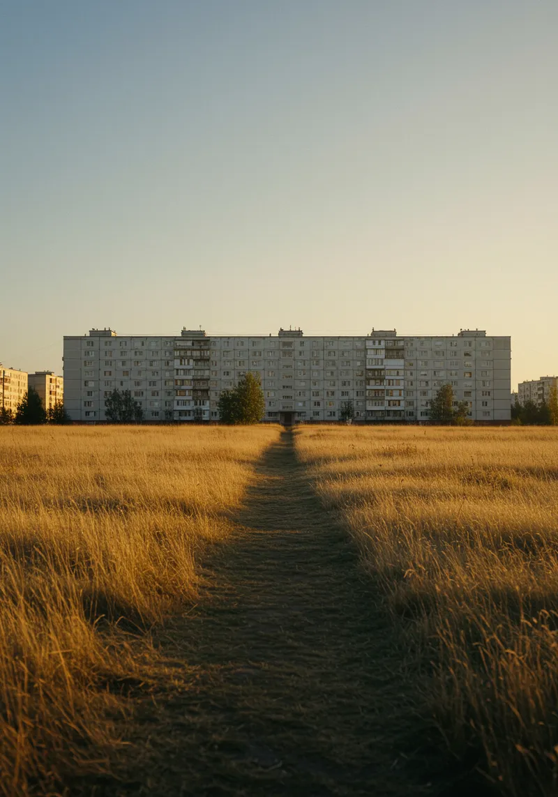 Soviet Apartment Block in a Serene Field