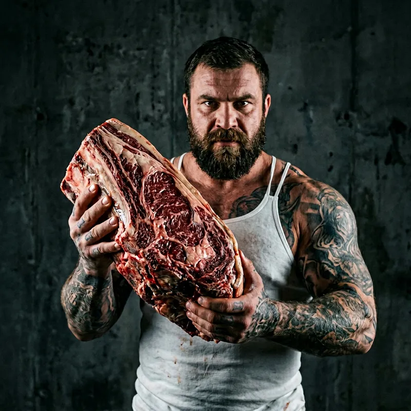 Brutal Man Holding Juicy Raw Beef - Strong & Muscular