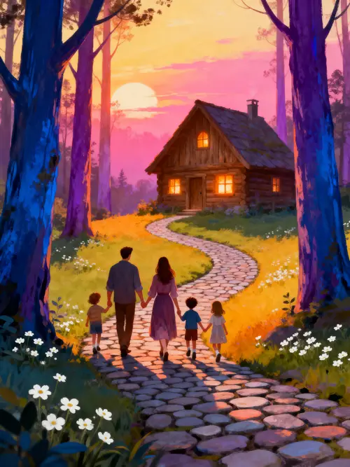 Magical Family Walk to a Cozy Cottage Illustration