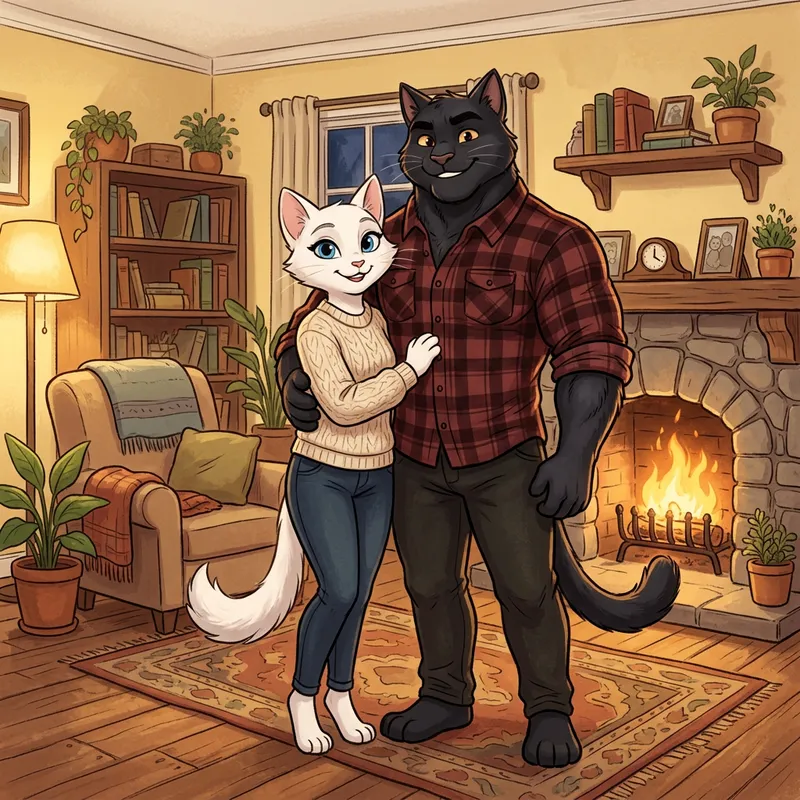 Cozy Cartoon Cat Couple in Homey Setting