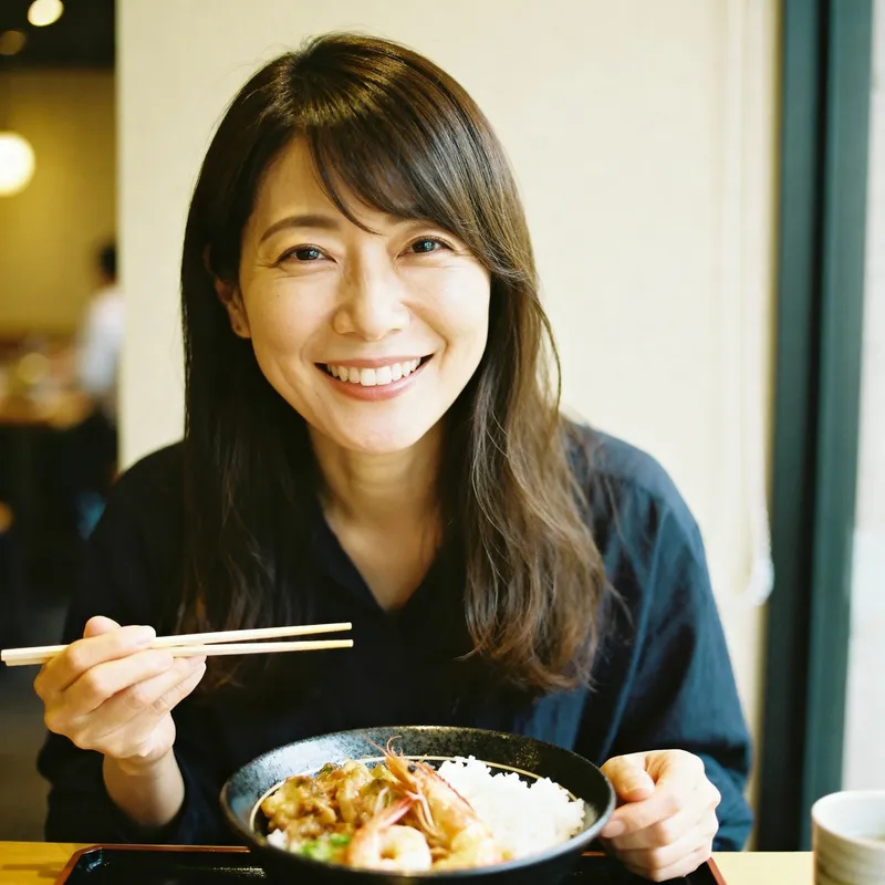 Beautiful 40-Year-Old Japanese Woman Enjoying Seafood