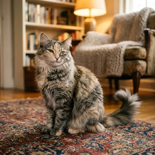 Fluffy Mixed-Breed Cat | Cozy Indoor Setting