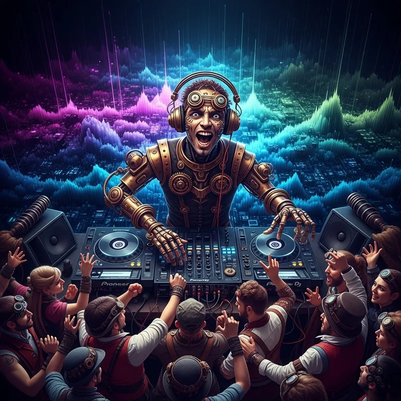 Robotic Steampunk DJ in Colorful Sound Field