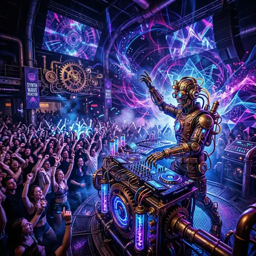 Robotic Steampunk DJ in Colorful Sound Field