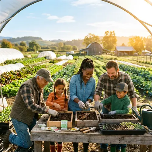 Diverse Family Seeding Micro Greens at Local Farm