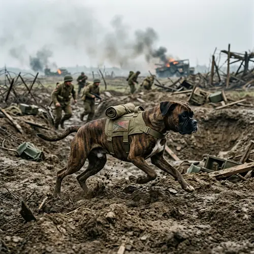 Boxer Dog Running on the Battlefield