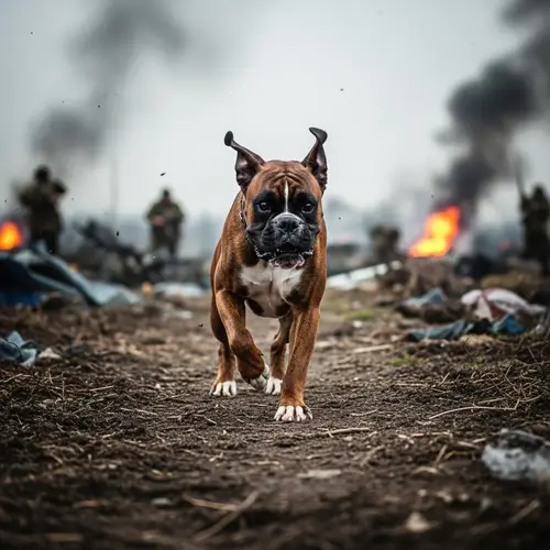 Boxer Dog Running on the Battlefield