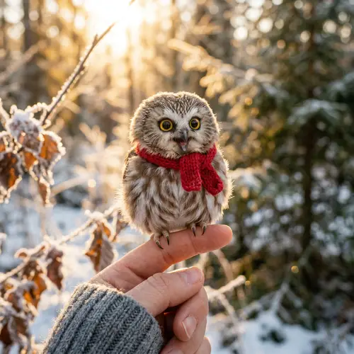 Adorable Baby Owl with a Red Scarf