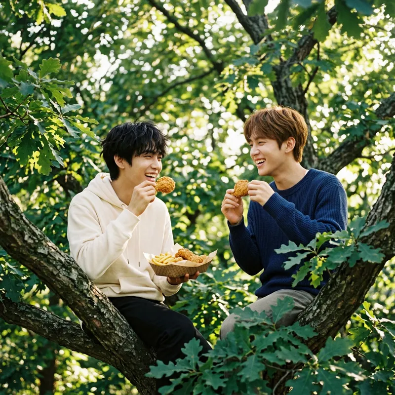 BTS Jungkook & Jimin Chilling on Tree Eating Fried Chicken