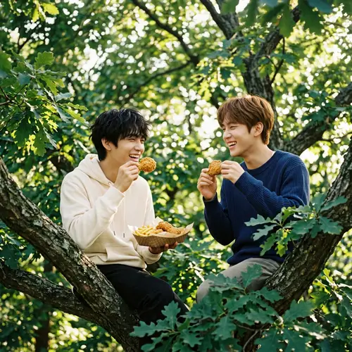 K-Pop Singers Enjoying Fried Chicken in Lush Greenery