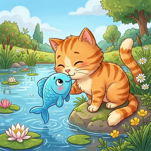 Cat Kisses Blue Fish | Heartwarming Cartoon Illustration