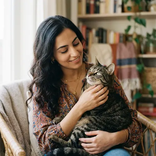 Lovely Middle-Eastern Woman Holding Plush Tabby Cat