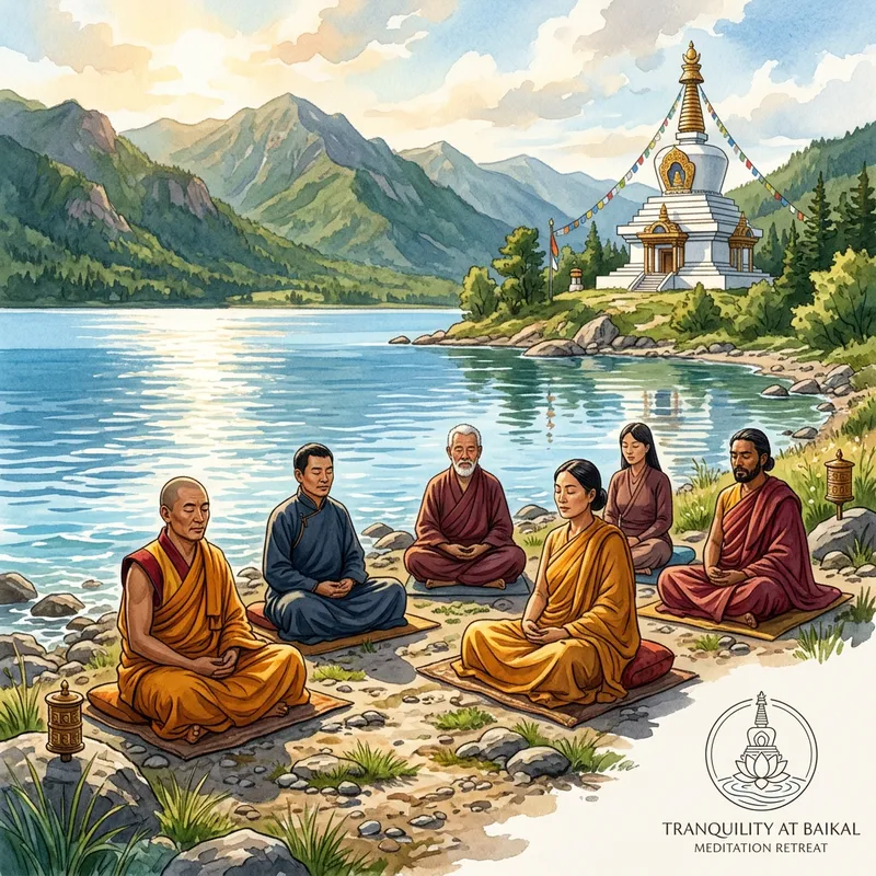 Tranquil Buddhists Meditating by Lake Baikal in Summer Tranquil Buddhists Meditating by Lake Baikal in Summer
