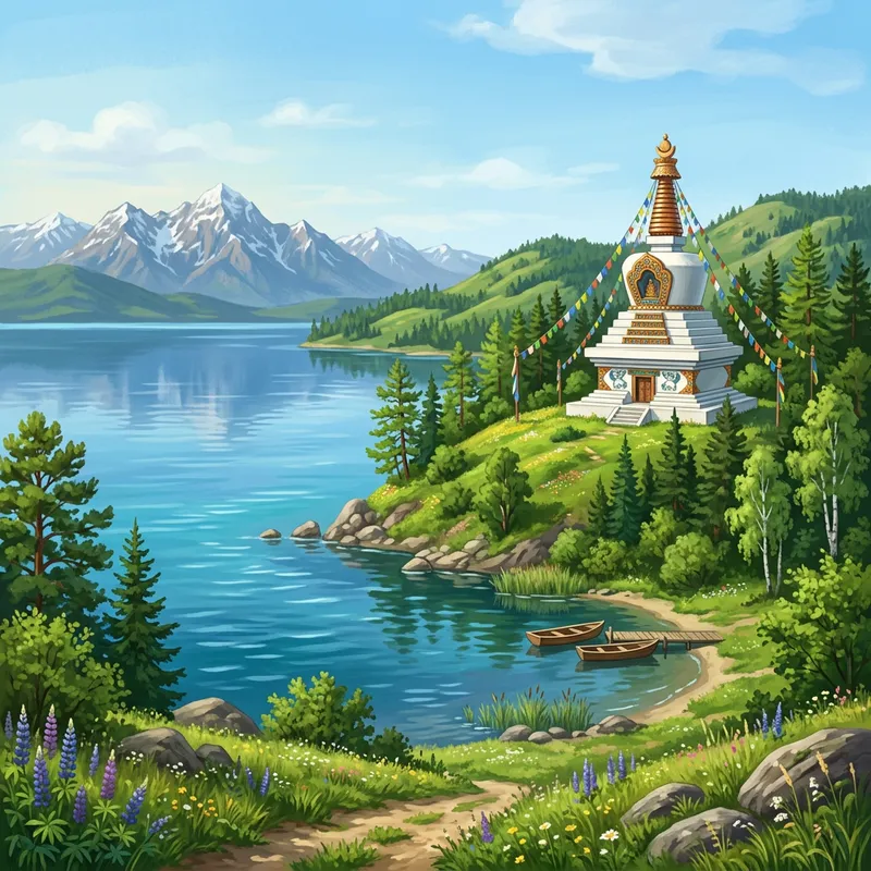 Serene Buddhist Stupa by Lake Baikal with Majestic Mountains