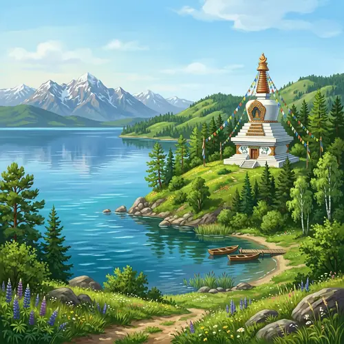 Serene Buddhist Stupa at Lake Baikal with Majestic Mountains