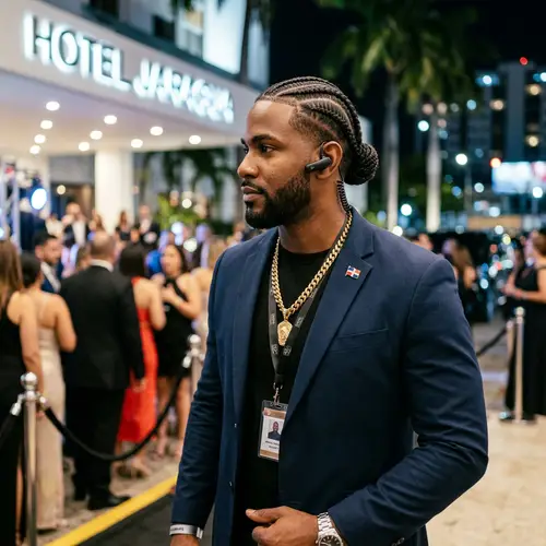 Dominican Man with Stylish Cornrows, Ear Piece, and Chain