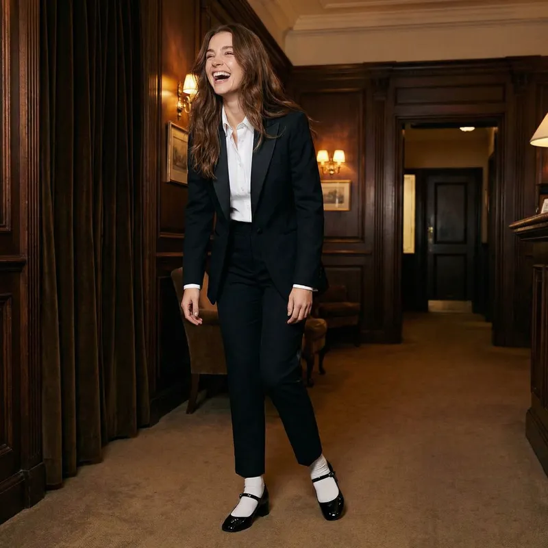 Joyful Woman in Tuxedo with Mary Jane Shoes
