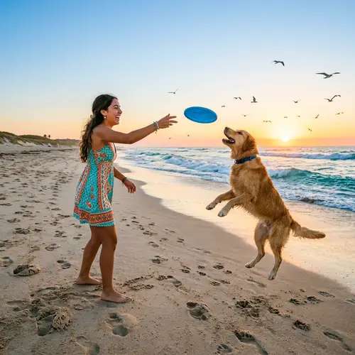 Hispanic Girl Playing with Golden Retriever on Sunny Beach