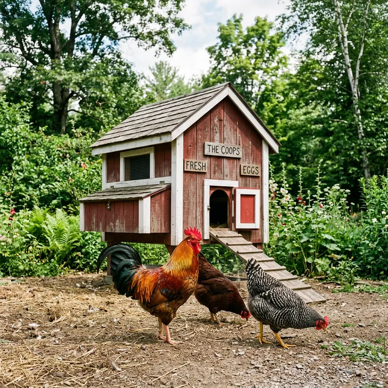 2 Hens and 1 Rooster at Wooden Chicken Coop | Cozy Countryside Scene