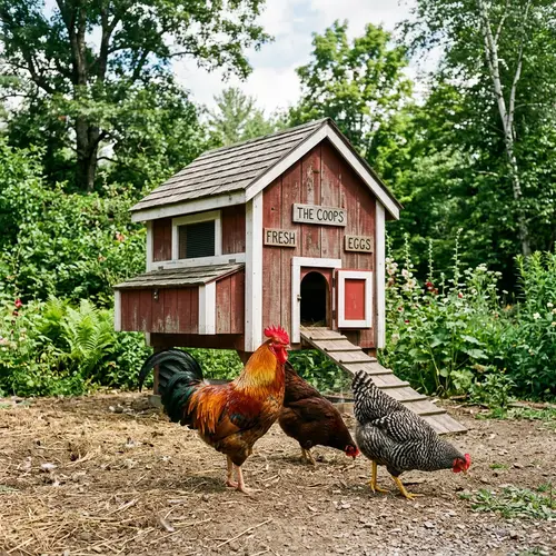 Hens and Rooster at Wooden Chicken Coop | Countryside Scene
