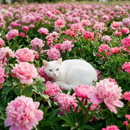 White Cat Among Pink Flowers - Beautiful Nature Scene