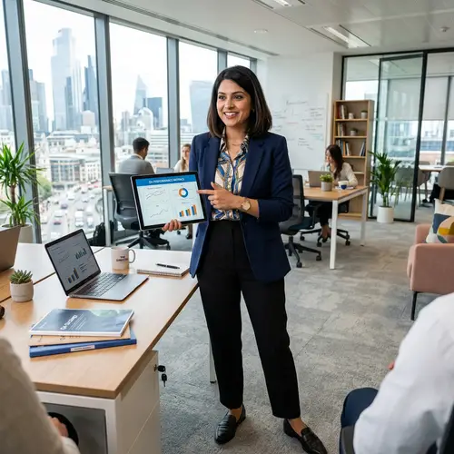 South Asian Female Marketing Director in Stylish Office Setting