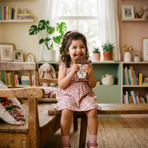 Joyful Hispanic Girl Enjoying Chocolate on Wooden Bench