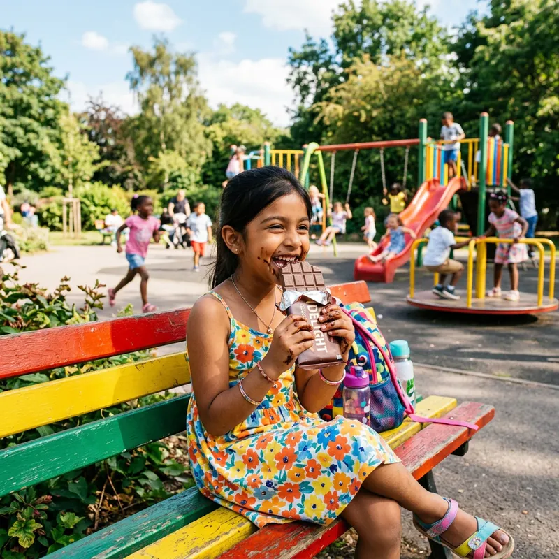 Happy girl savoring chocolate outdoors Happy girl savoring chocolate outdoors