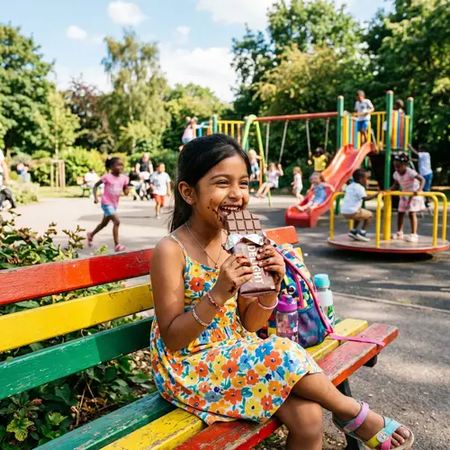 Delighted South Asian girl enjoying a chocolate bar in the park