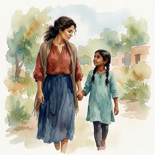 Watercolor Painting of Hispanic Mother and South Asian Daughter