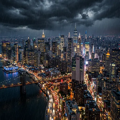 Resilient Cityscape: Vivid Lights Amidst Storm | City View