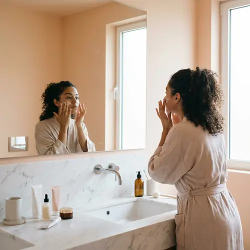 Hispanic Woman Applying Facial Cream in Bathroom
