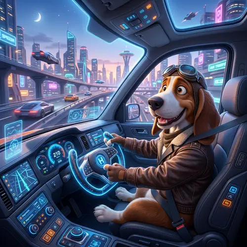 Hound Dog Driving Futuristic Van Animation