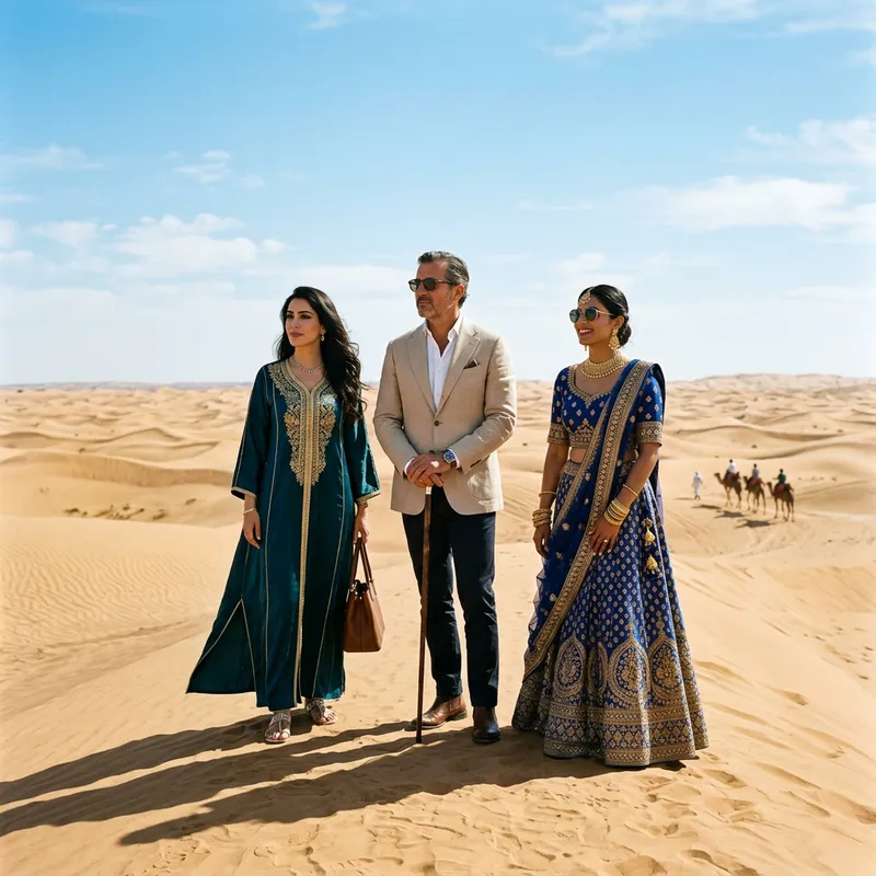Rich Man with Two Women in Desert Landscape