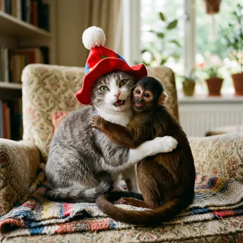 Cheerful Grey and White Cat with Colorful Circus Hat Embracing a Monkey