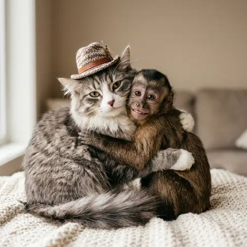 Adorable Cat and Playful Monkey Friendship - Heartwarming Image