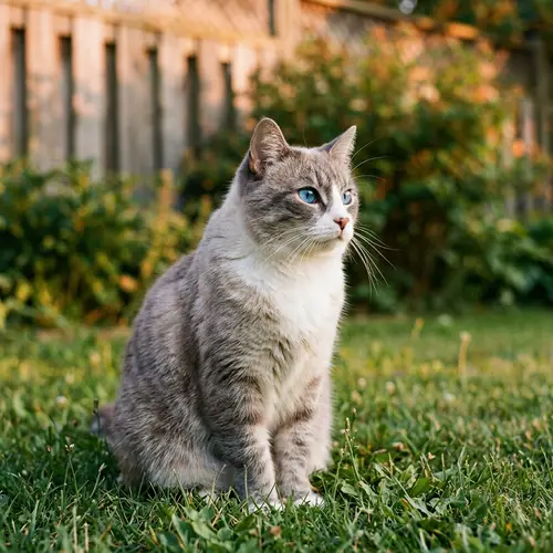 Graceful Domestic Shorthair Cat with Sapphire Blue Eyes on Green Grass