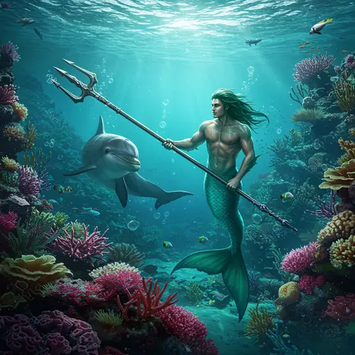 Merman with Trident in Reef with Dolphin
