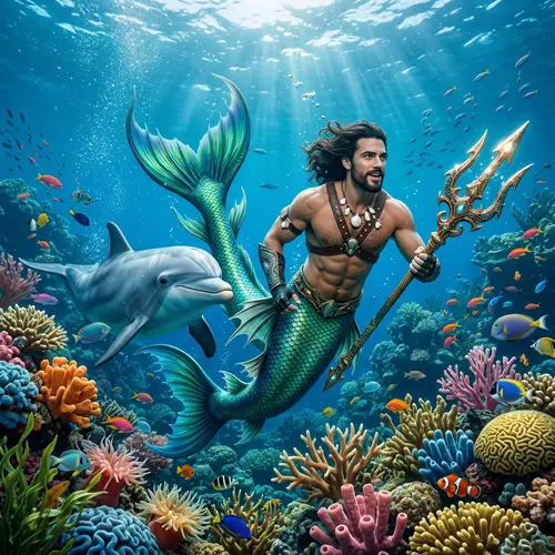 Merman with Trident in Reef with Dolphin