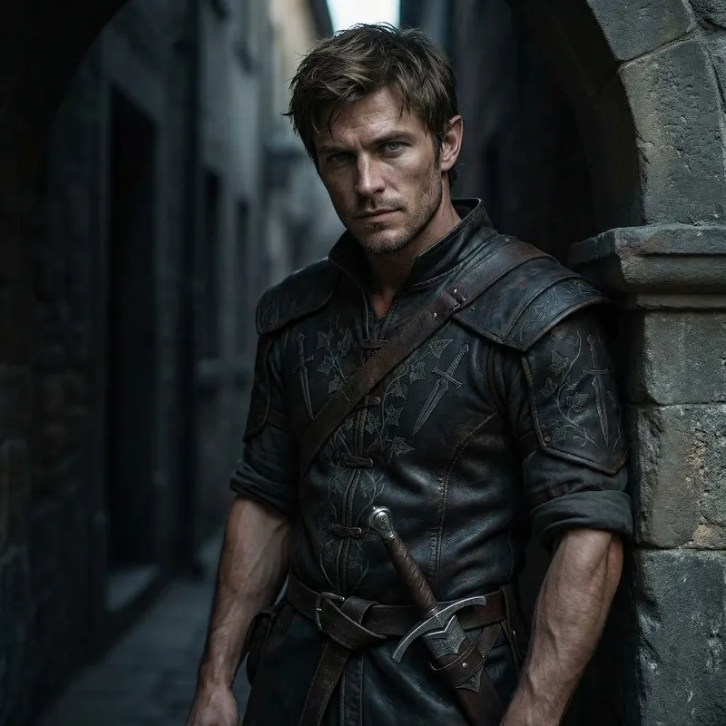 Rugged Half-Elf Rogue in Dark Leather Armor