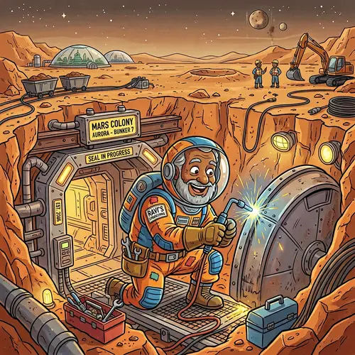 Elderly Engineer Building Advanced Underground Bunker on Mars