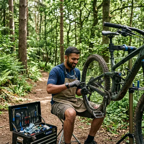 Mountain Bike Mechanic Fixing Bikes in Trails