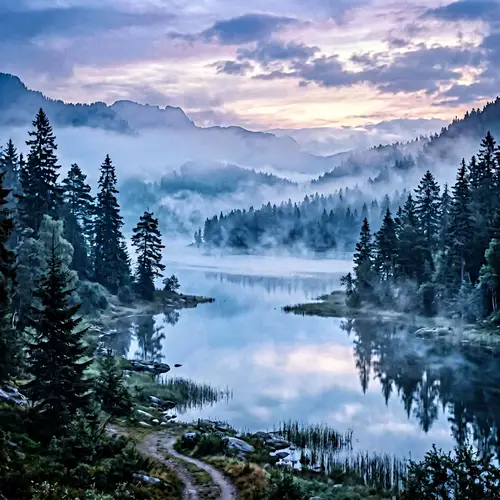 Ethereal Landscape Enveloped in Mystical Blue Haze