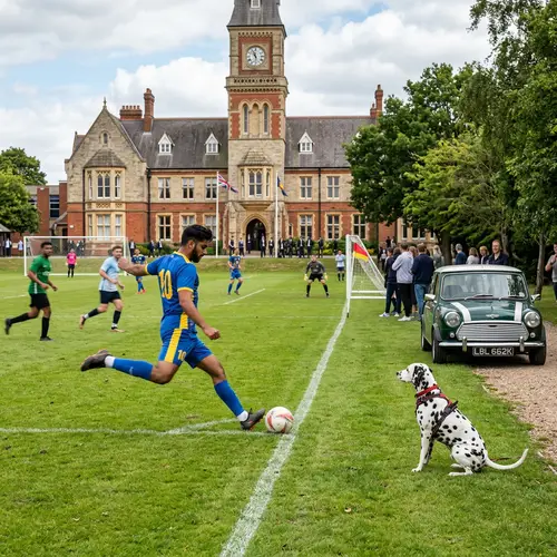 Dynamic Football Game with South Asian Man, Quirky British Car, and Energetic Dog