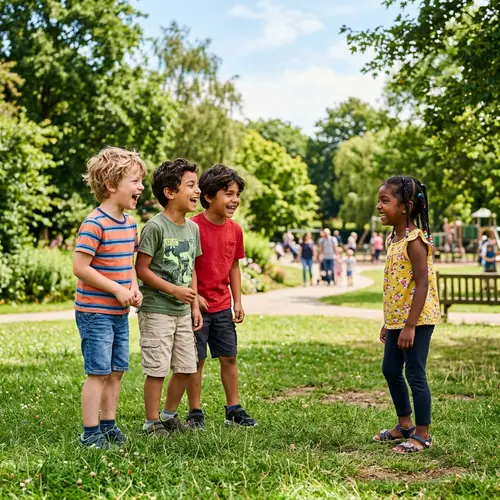 Diverse Group of Young Boys and Girl Laughing | Outdoor Scene