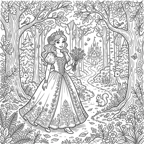 Princess Coloring Page in the Forest