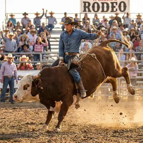 East Asian Male Cowboy Riding Massive Bull at Rodeo Event