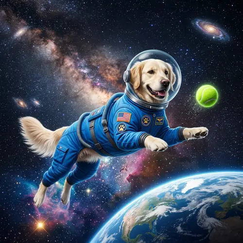 Playful Golden Retriever Astronaut in Space